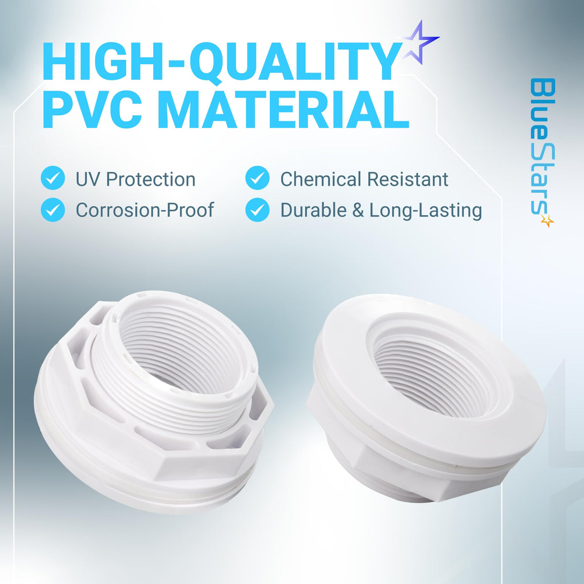 Two SP1023 pool inlet return fitting bodies made of durable, chemical-resistant PVC material.