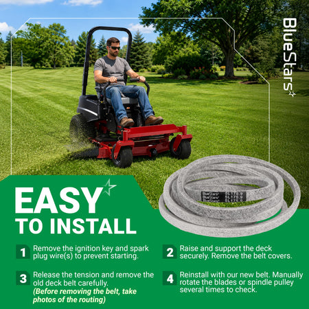 BlueStars 5L175.9 replacement mower deck belt with easy installation guide and zero-turn mower illustration.
