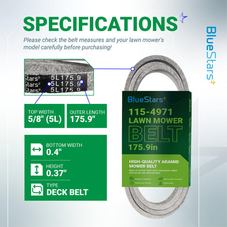BlueStars 115-4971 lawn mower deck belt specifications chart showing dimensions, size, and material details.