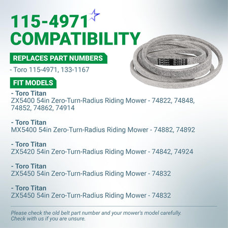 Replacement deck drive belt for Toro Titan zero-turn mowers, compatible with part numbers 115-4971 and 133-1167.
