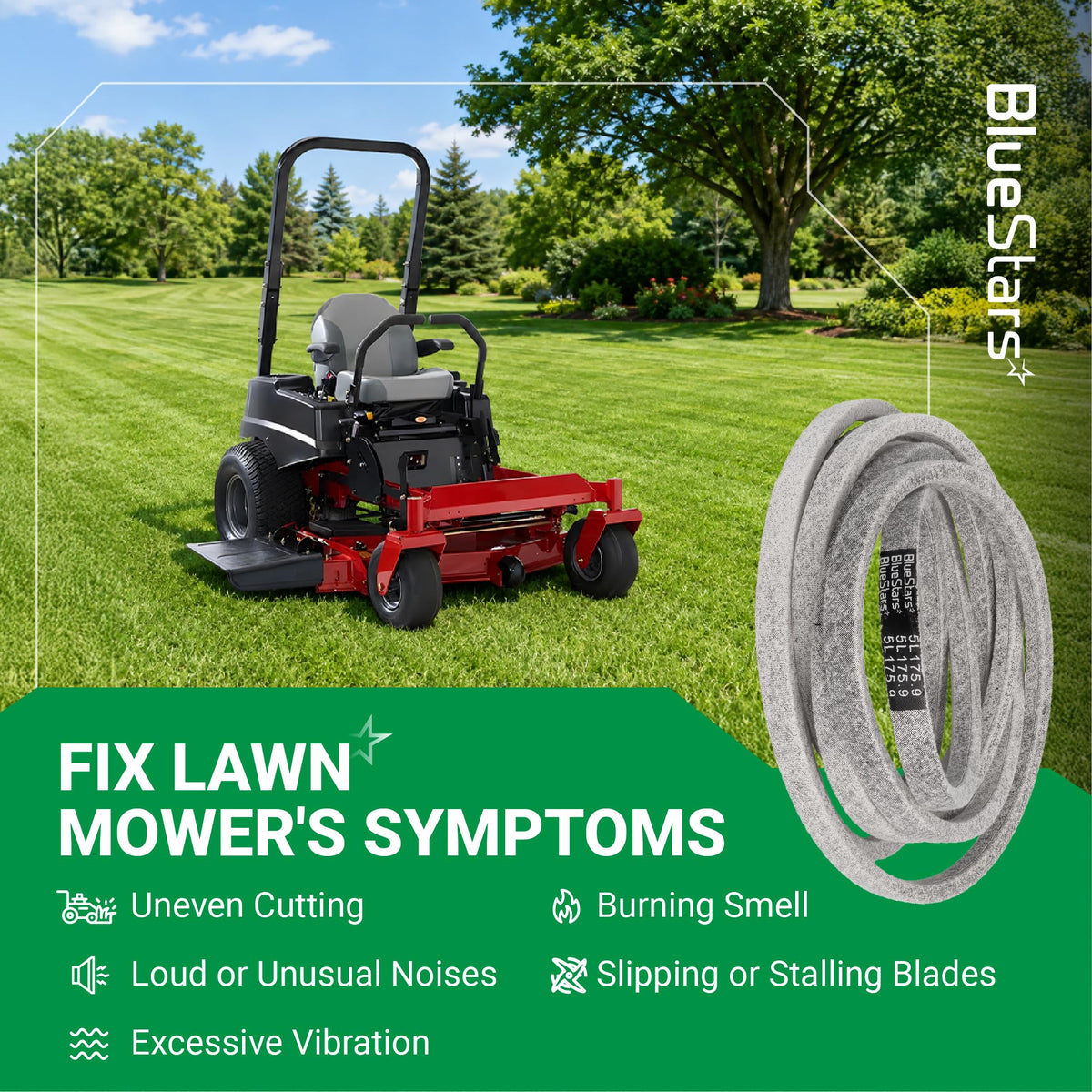 BlueStars 5L175 replacement lawn mower deck belt for zero-turn mowers.