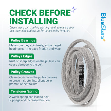 BlueStars 5L175.9 replacement V-belt installation guide showing pulley inspection tips for optimal performance.