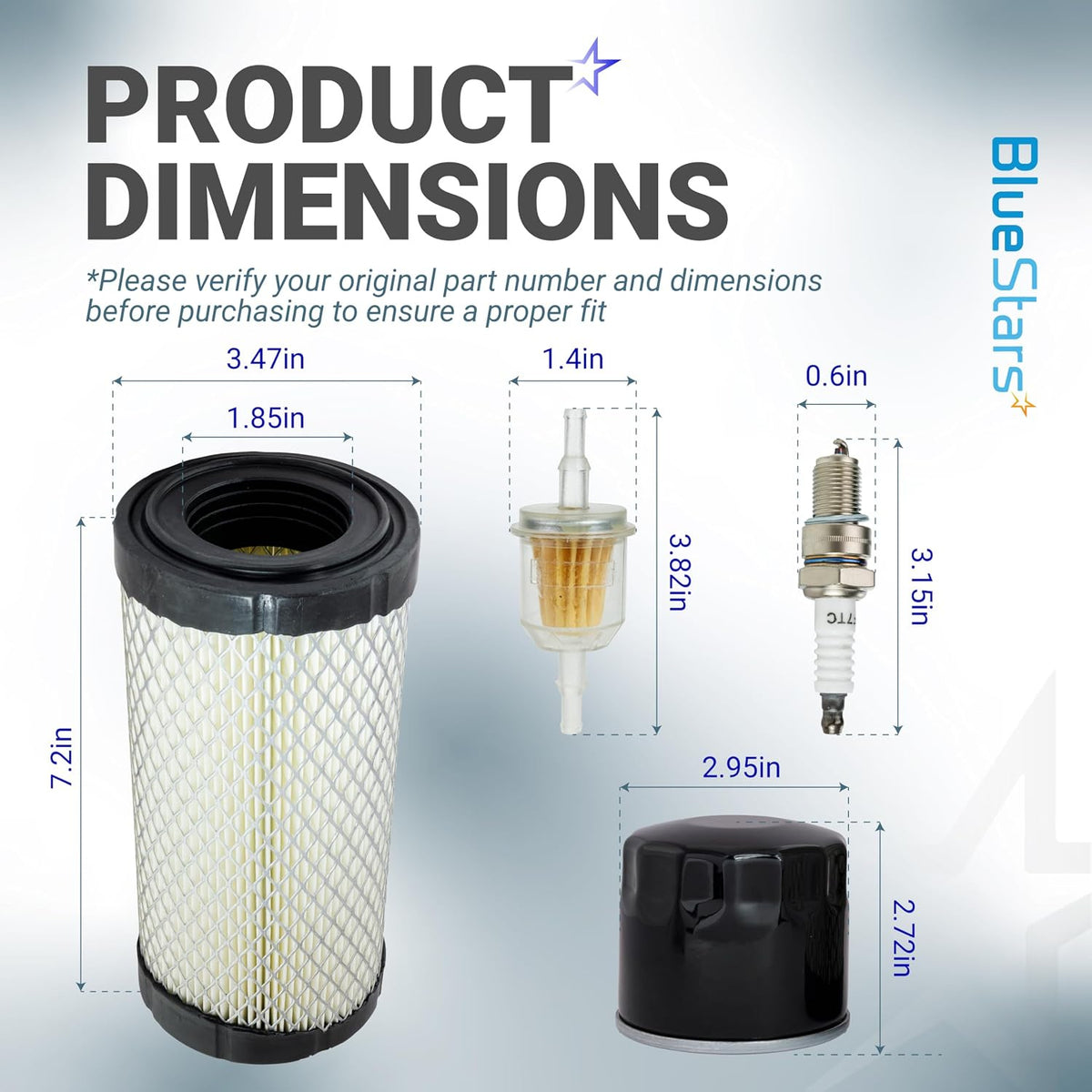 28463G01 Air Filter product dimensions diagram showing air, fuel, oil filters and spark plug with measurements