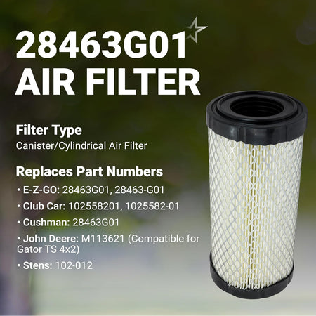 28463G01 Air Filter, cylindrical canister filter shown with replacement part numbers listed
