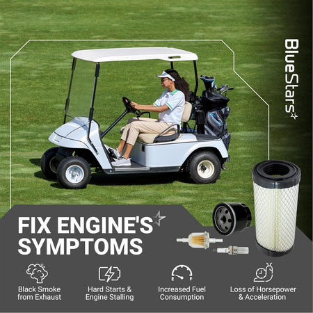 28463G01 Air Filter graphic showing a golf cart, air, fuel and oil filters, spark plug, and engine symptom icons