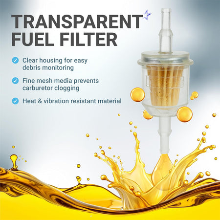 28463G01 Air Filter, graphic showing a transparent fuel filter with fine mesh media and fuel splash