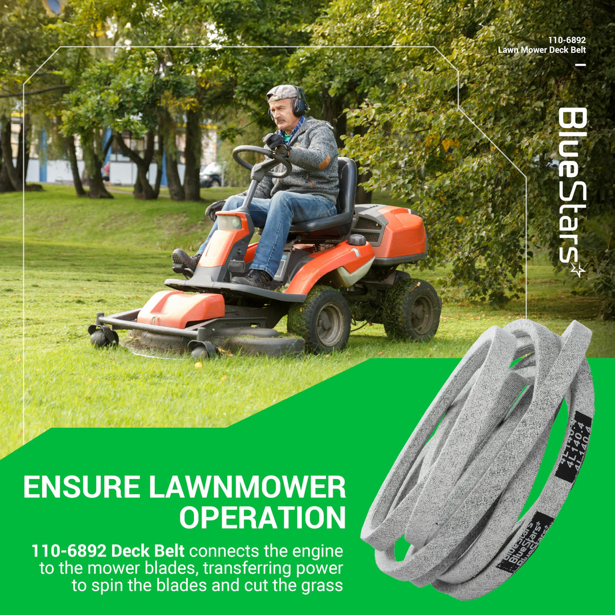 110-6892 replacement V-belt for 50-inch Toro TimeCutter mower decks shown in a promotional lifestyle graphic.