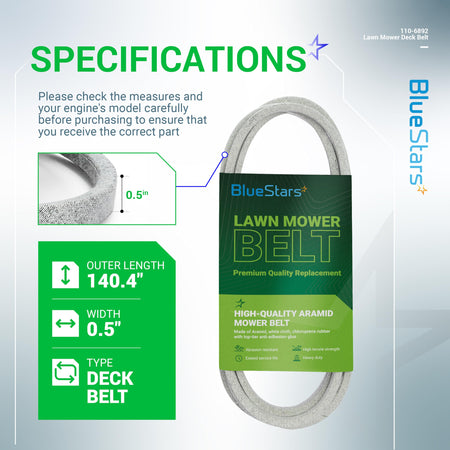 Specification infographic for 110-6892 lawn mower deck belt showing 140.4-inch length and 0.5-inch width dimensions.