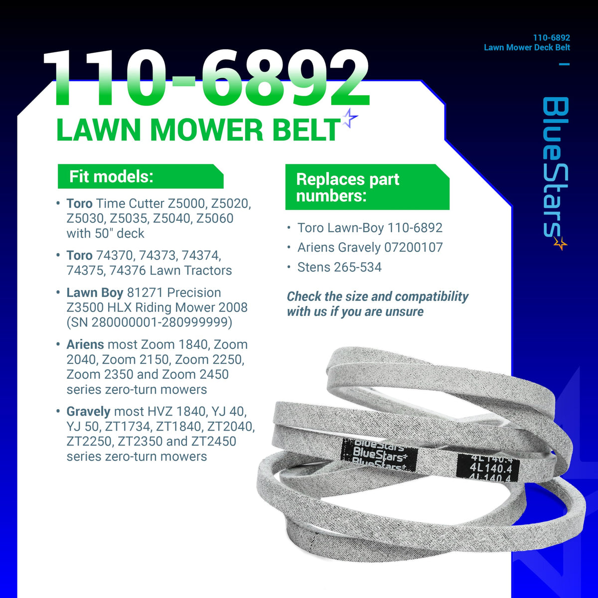 110-6892 lawn mower deck V-belt for Toro and Ariens 50-inch mowers with compatibility and part number information.