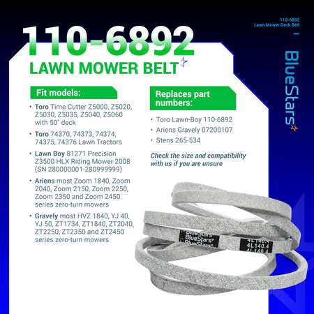 110-6892 lawn mower deck V-belt for Toro and Ariens 50-inch mowers with compatibility and part number information.
