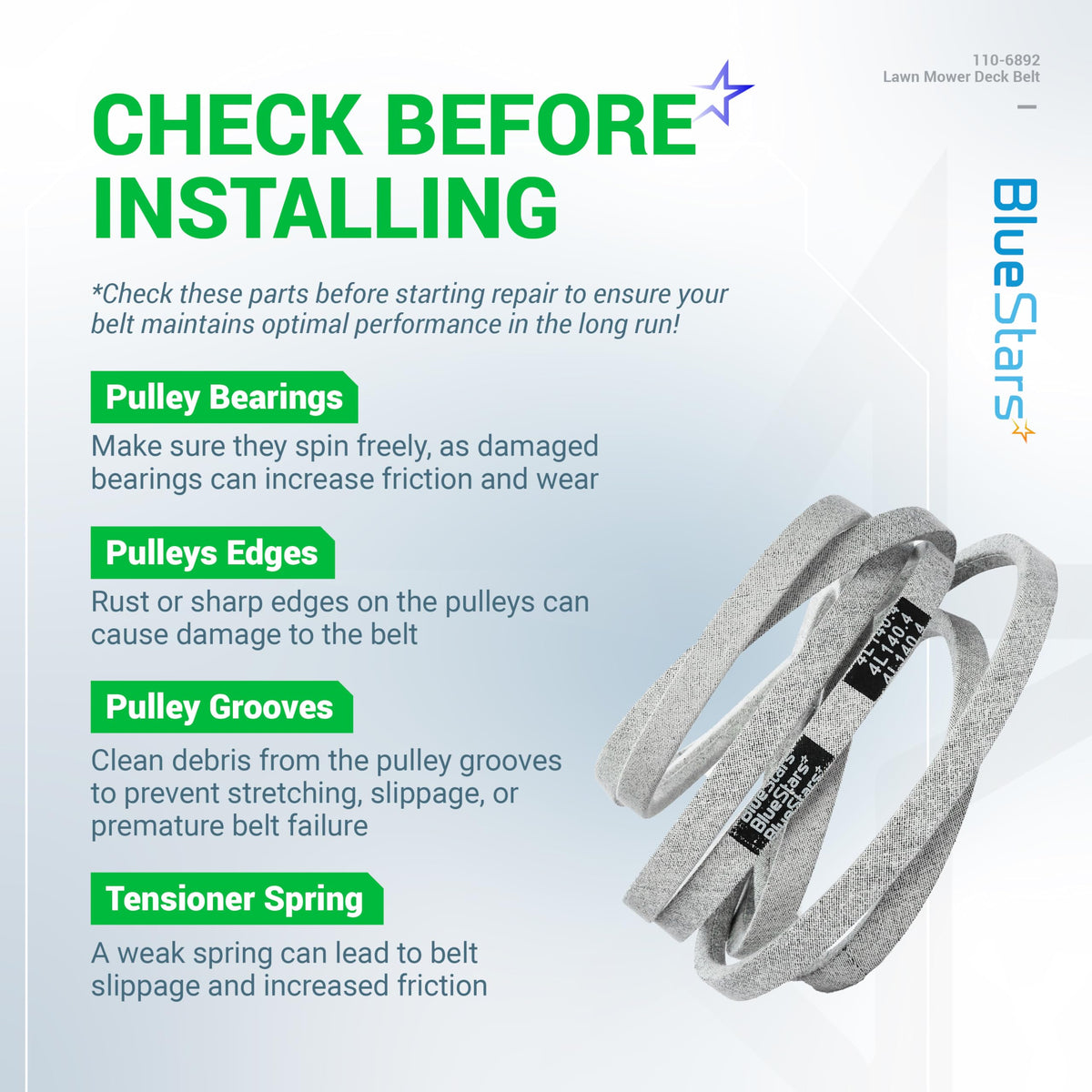 BlueStars 110-6892 lawn mower deck V-belt installation guide and maintenance tips.