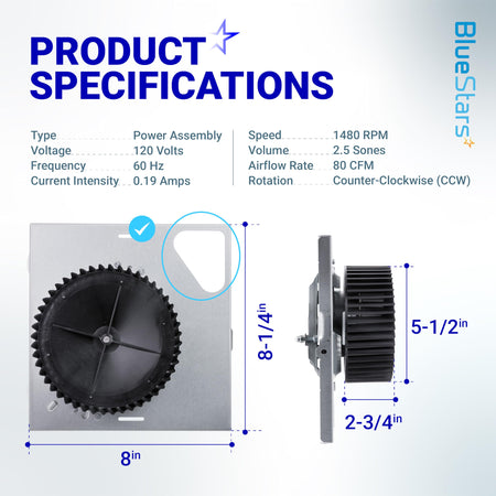 Technical specification chart for bathroom exhaust fan power assembly with dimensions and performance data.