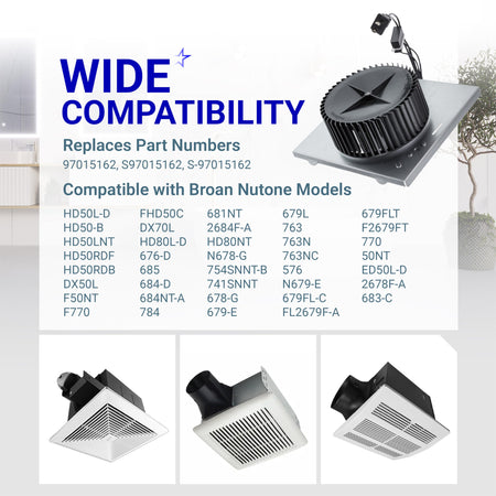 Replacement bathroom exhaust fan motor assembly and compatible Broan Nutone ventilation fan models list.