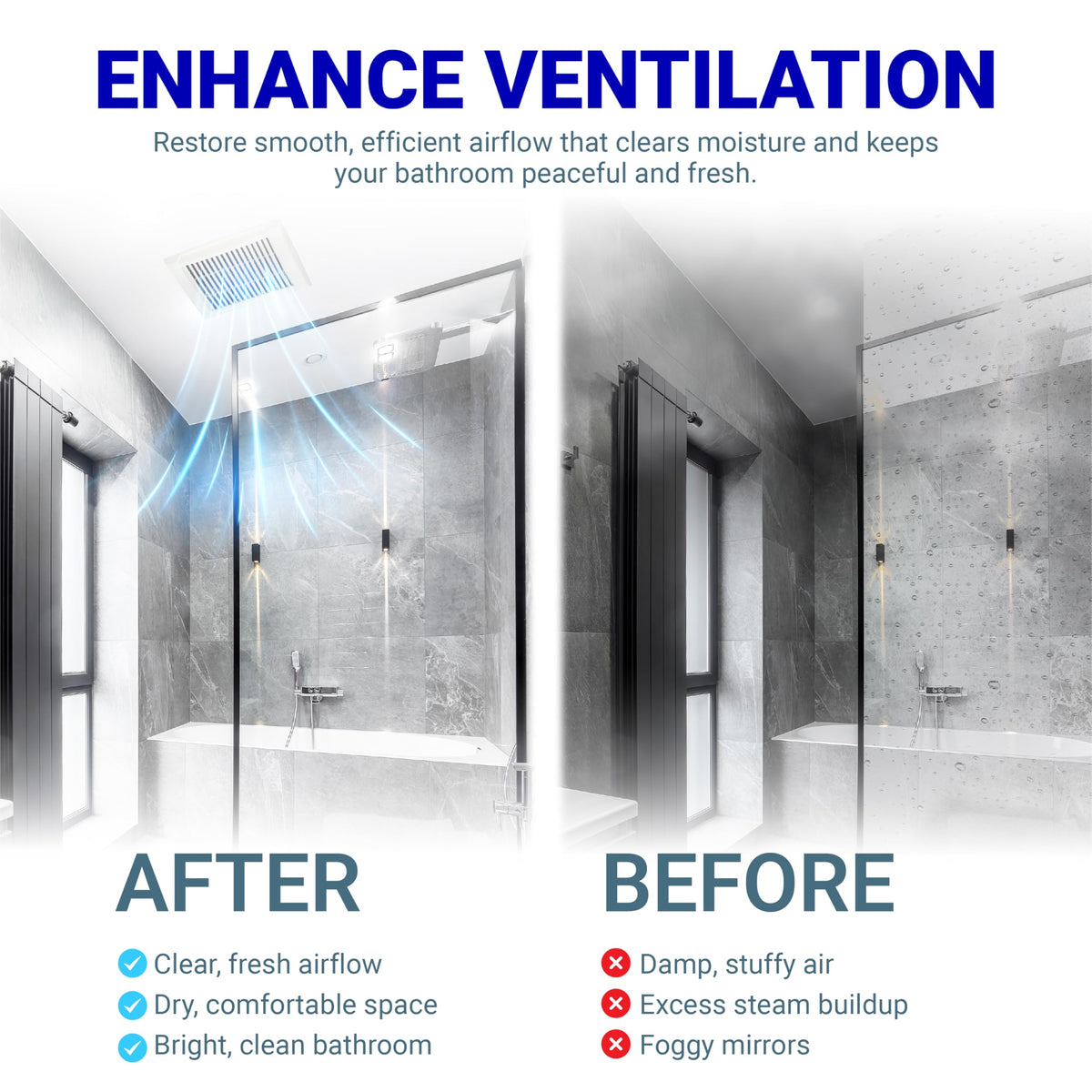 Before and after comparison showing improved bathroom ventilation and reduced moisture buildup.