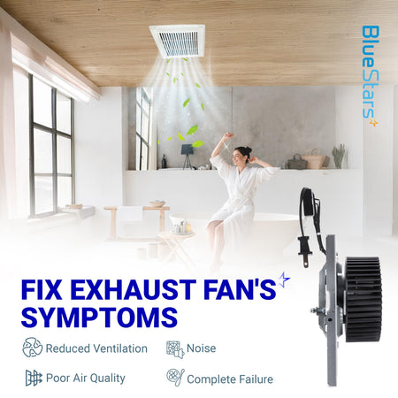 Replacement bathroom exhaust fan motor and blower wheel assembly for improved ventilation and noise reduction.
