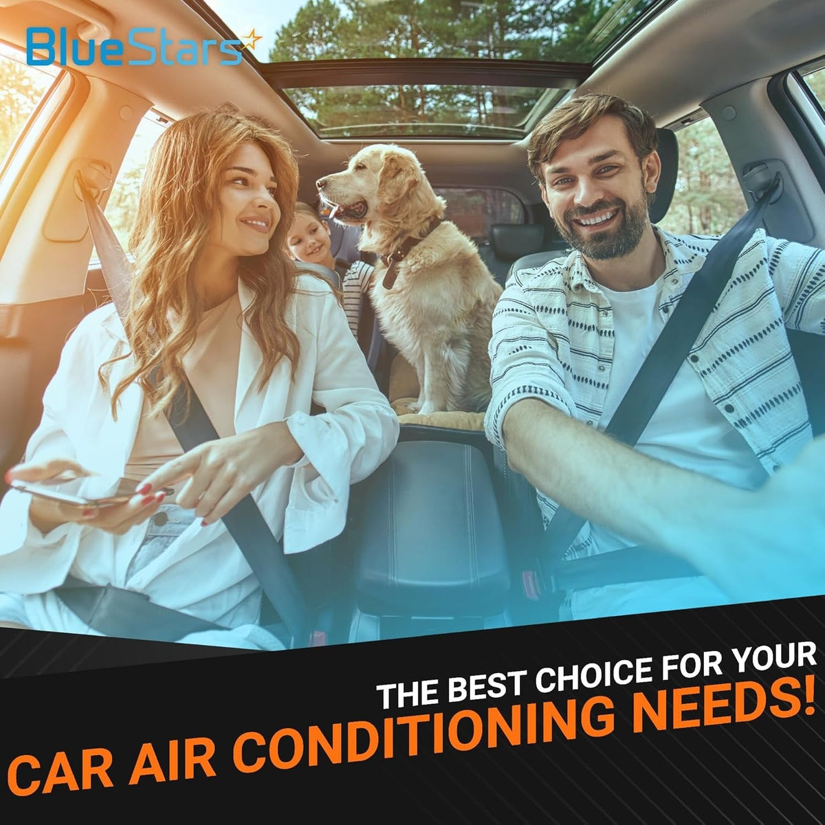 Family with a dog in a car with a sunroof, promoting BlueStars car air conditioning parts.