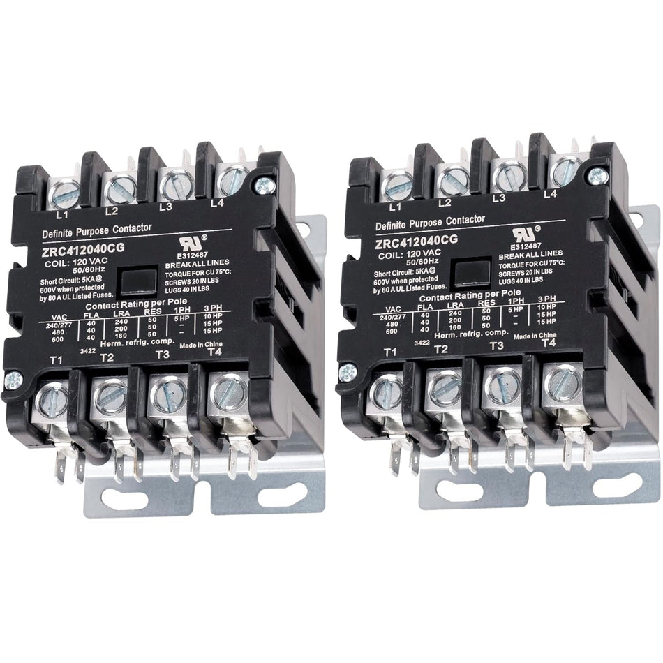 4 Pole Contactor 40 Amp 120 VAC Coil, Pack of 2