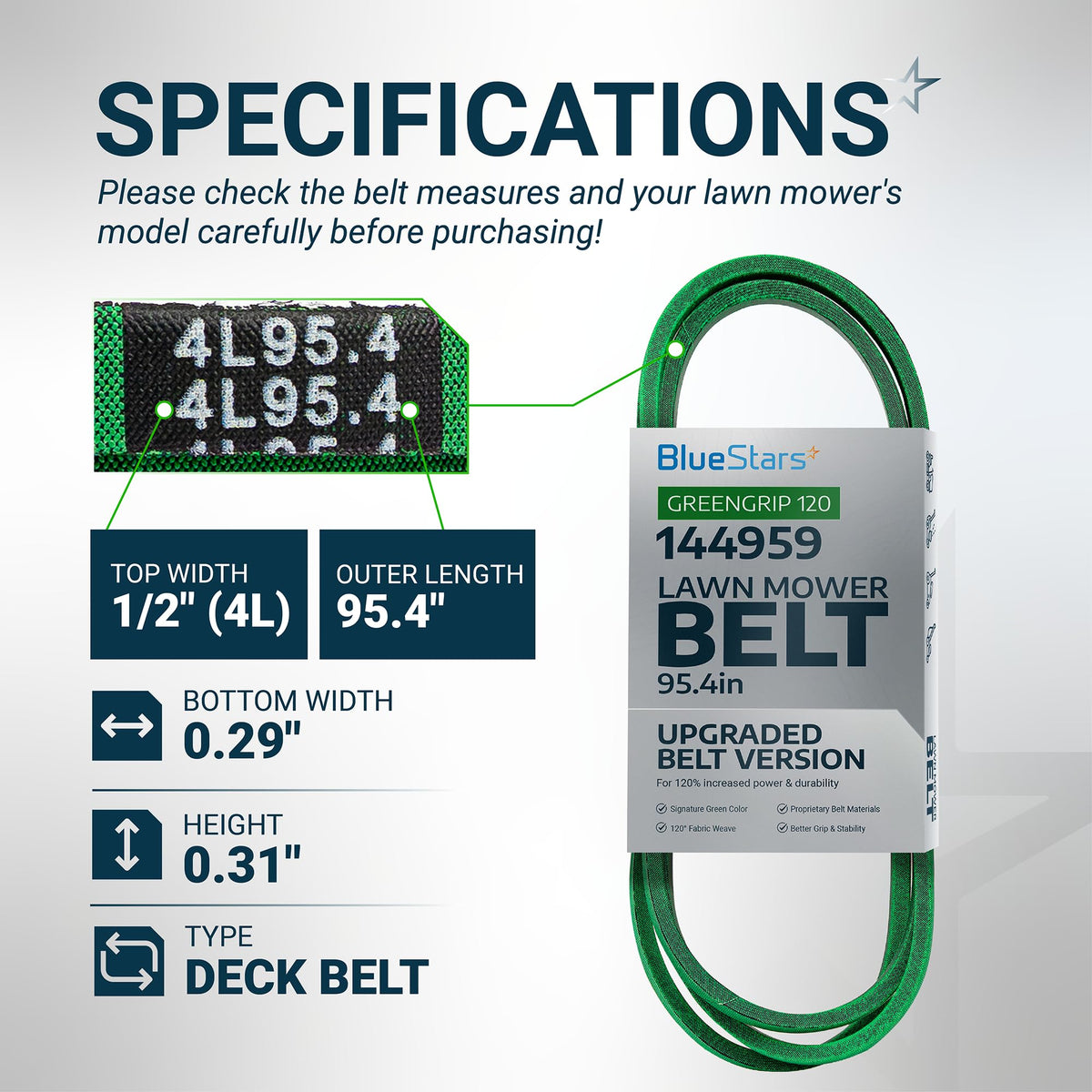 144959 deck belt specifications chart showing dimensions, length, and width for Craftsman and Husqvarna lawn mowers.
