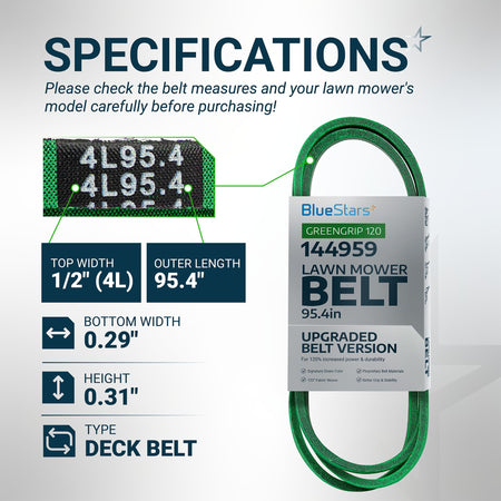 144959 deck belt specifications chart showing dimensions, length, and width for Craftsman and Husqvarna lawn mowers.