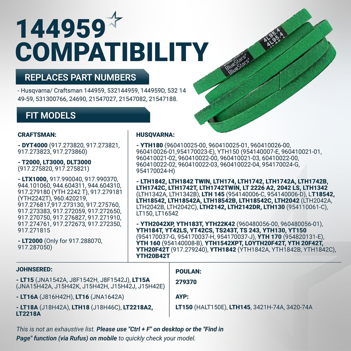 144959 mower deck belt compatibility chart showing replacement part numbers and fit models for Craftsman and Husqvarna.