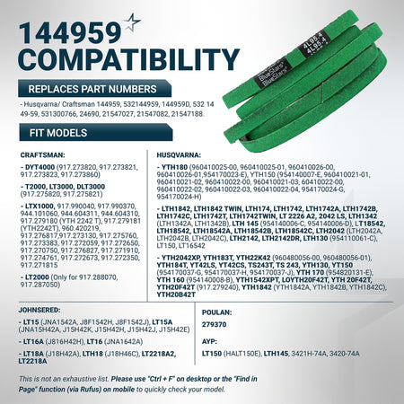 144959 mower deck belt compatibility chart showing replacement part numbers and fit models for Craftsman and Husqvarna.