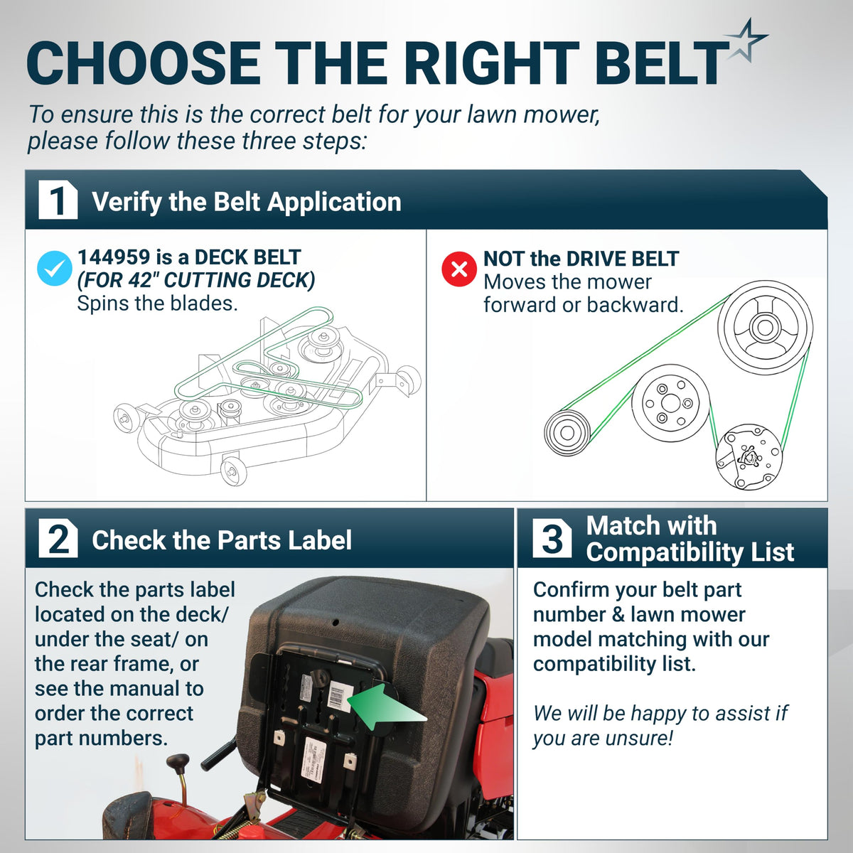 Instructional guide for identifying 144959 deck belt compatibility for 42-inch mower decks.