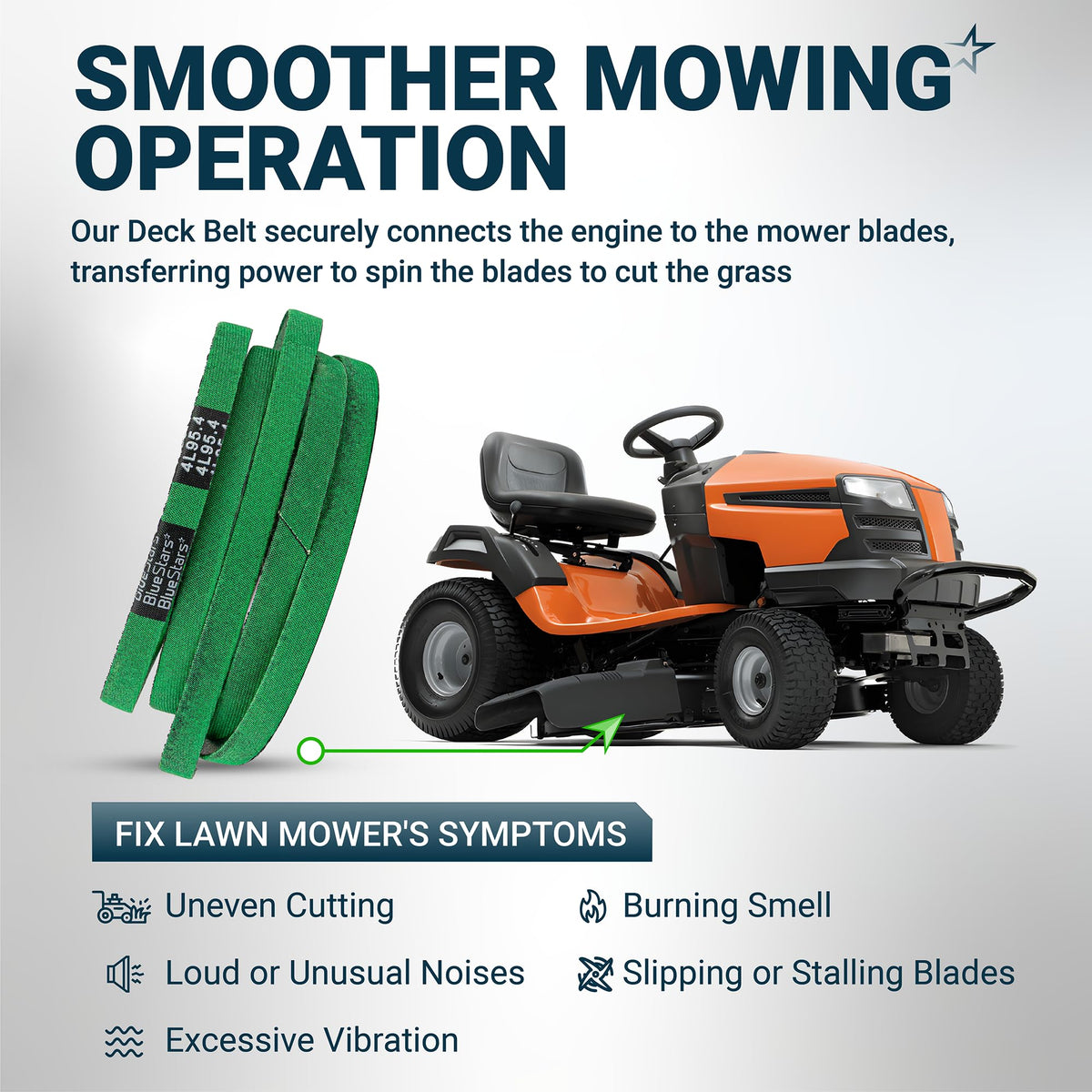 Infographic showing 144959 deck belt installation on a riding lawn mower to fix common cutting and performance issues.