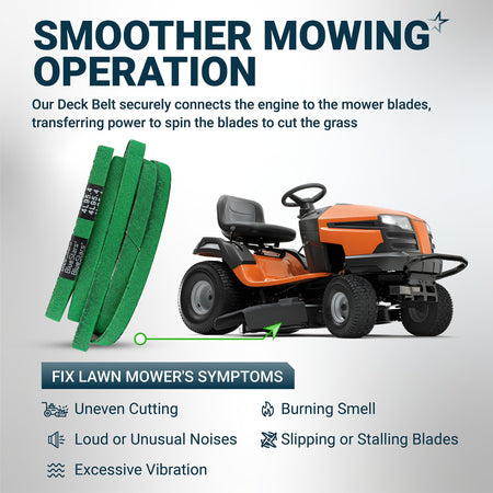 Infographic showing 144959 deck belt installation on a riding lawn mower to fix common cutting and performance issues.