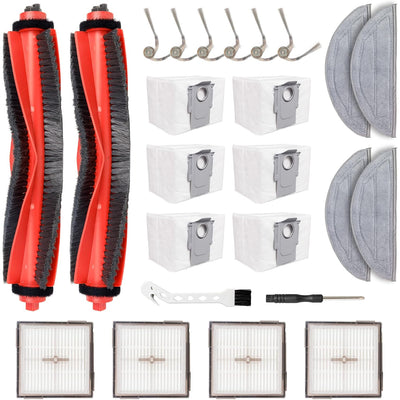 24-Pack Q10 S5+ Replacement Parts Kit, showing brushes, hooks, dust bags, mop pads, filters, and cleaning tools