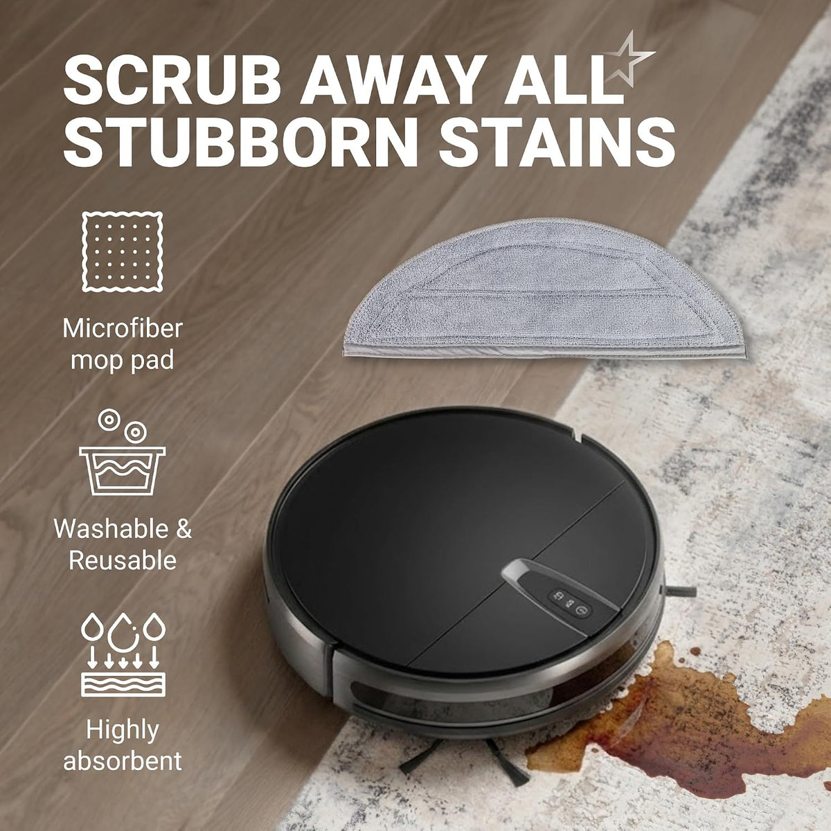 Q10 S5+ replacement parts kit, robot vacuum with microfiber mop pad cleaning a stained floor
