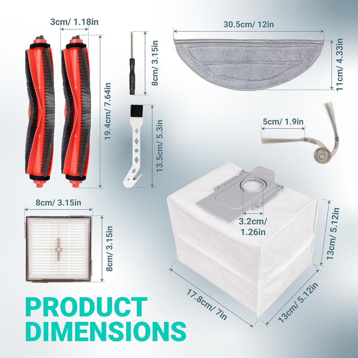 24-Pack Q10 S5+ Replacement Parts Kit for Roborock Q10 S5 S5+ Q10 X5 X5+, product dimensions diagram