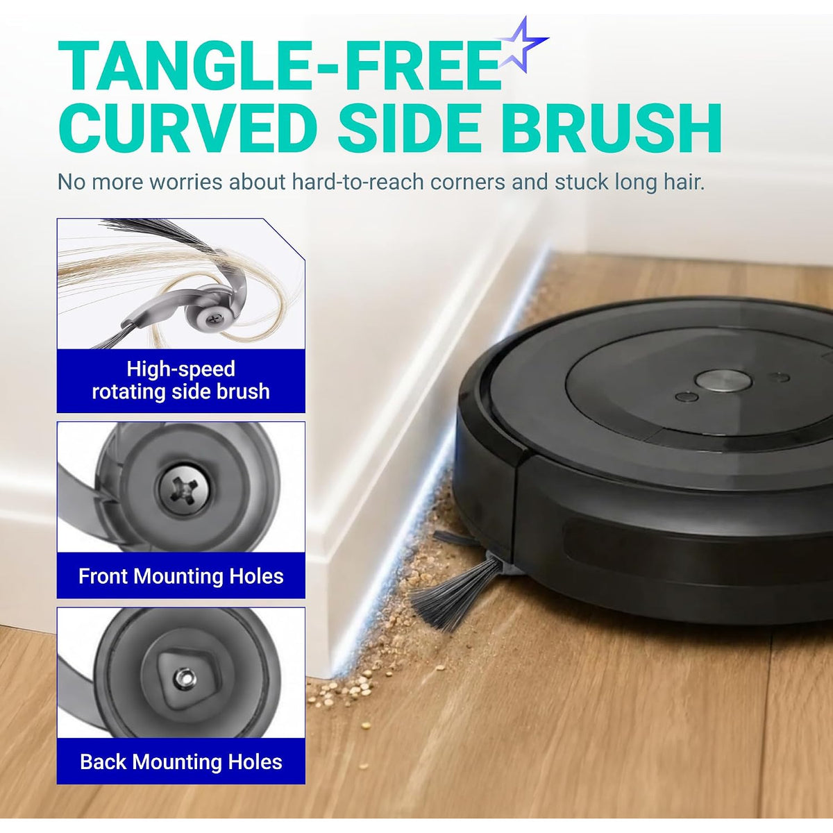 24-Pack Q10 S5+ Replacement Parts Kit: curved side brush shown on Roborock vacuum with front and back mounting holes