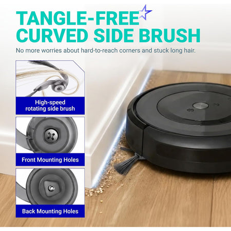 24-Pack Q10 S5+ Replacement Parts Kit: curved side brush shown on Roborock vacuum with front and back mounting holes