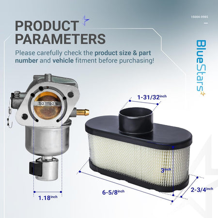 Dimensional diagram of 15004-0985 carburetor and air filter for Kawasaki FR691V FS691V engines with labeled measurements.