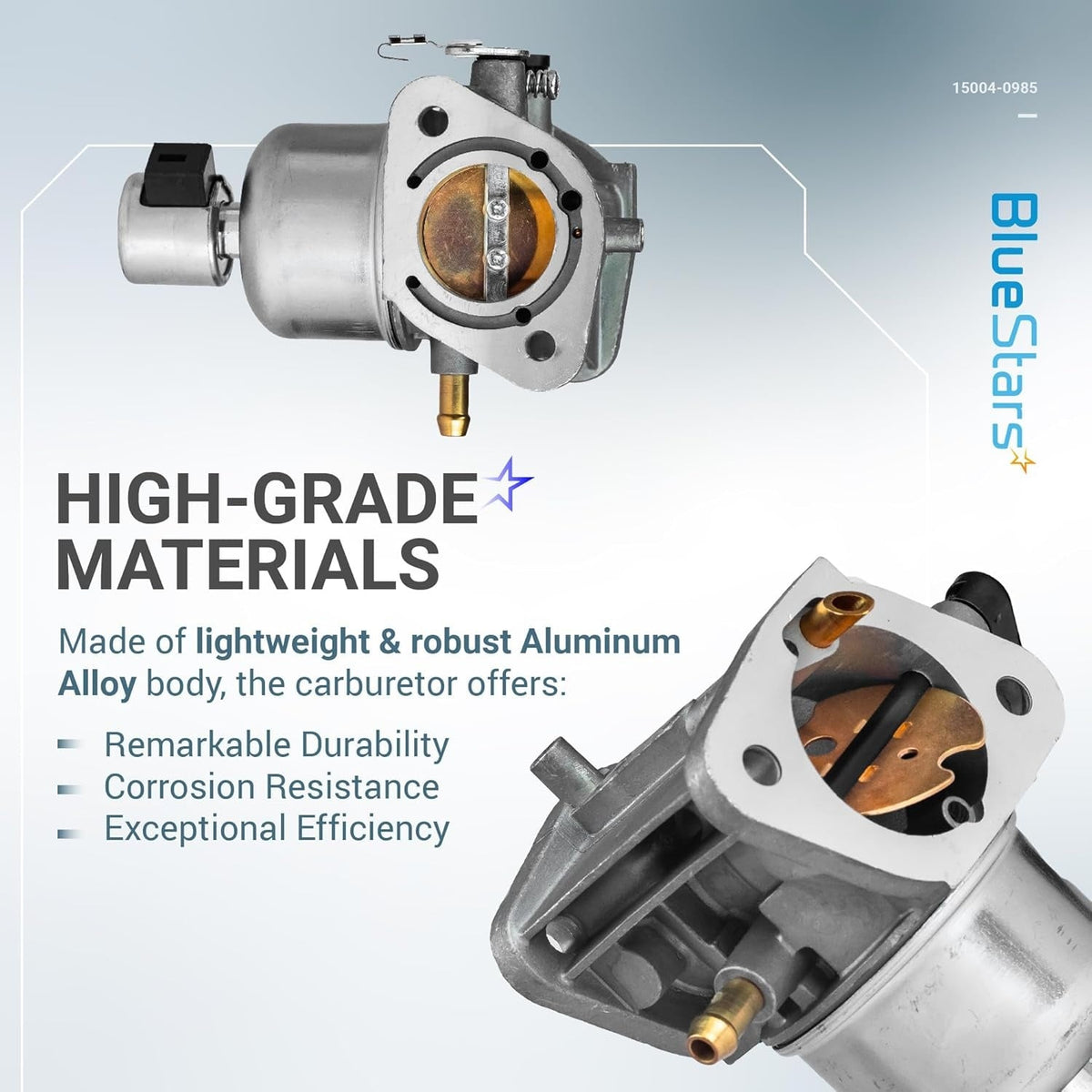 Two angles of 15004-0985 carburetor for Kawasaki FR691V and FS691V engines showing aluminum alloy construction.