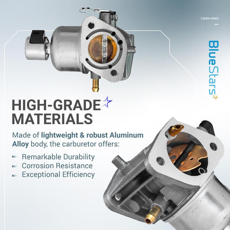 Two angles of 15004-0985 carburetor for Kawasaki FR691V and FS691V engines showing aluminum alloy construction.