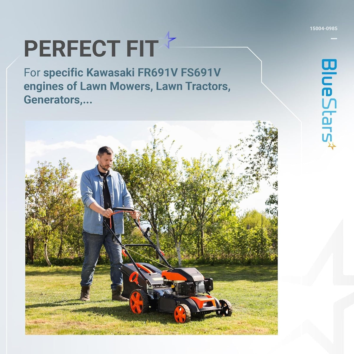 Man using a lawn mower with a Kawasaki FR691V FS691V engine compatible with the 15004-0985 carburetor kit.