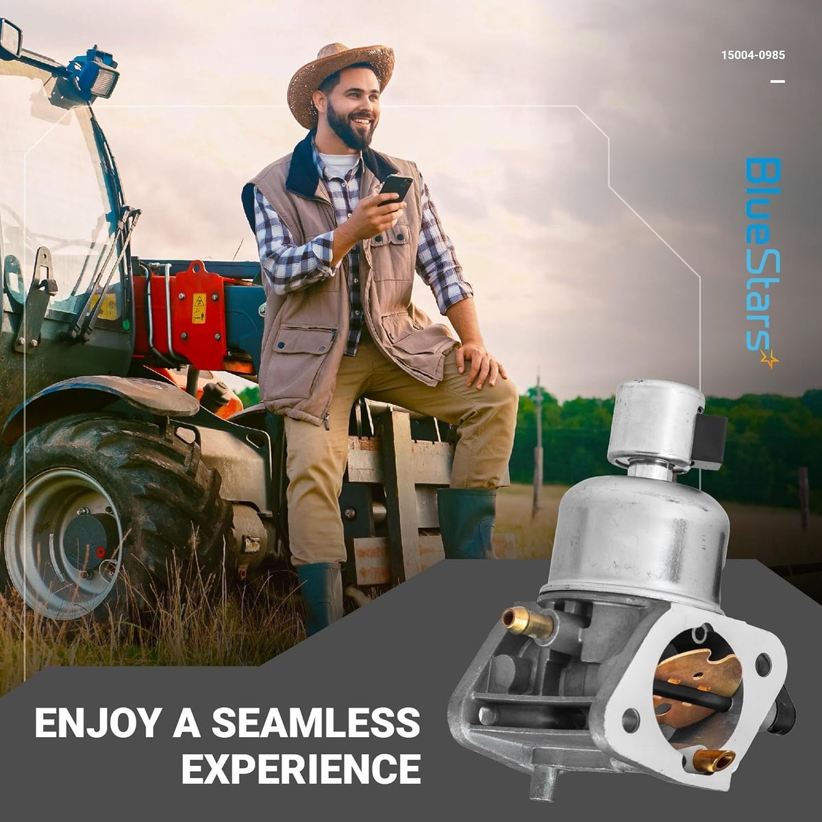 15004-0985 carburetor for Kawasaki FR691V and FS691V engines shown in a promotional lifestyle graphic.