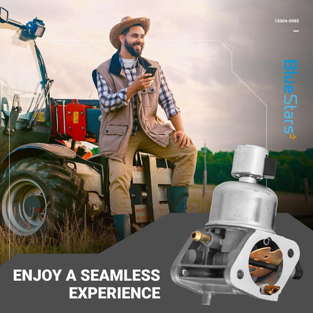 15004-0985 carburetor for Kawasaki FR691V and FS691V engines shown in a promotional lifestyle graphic.