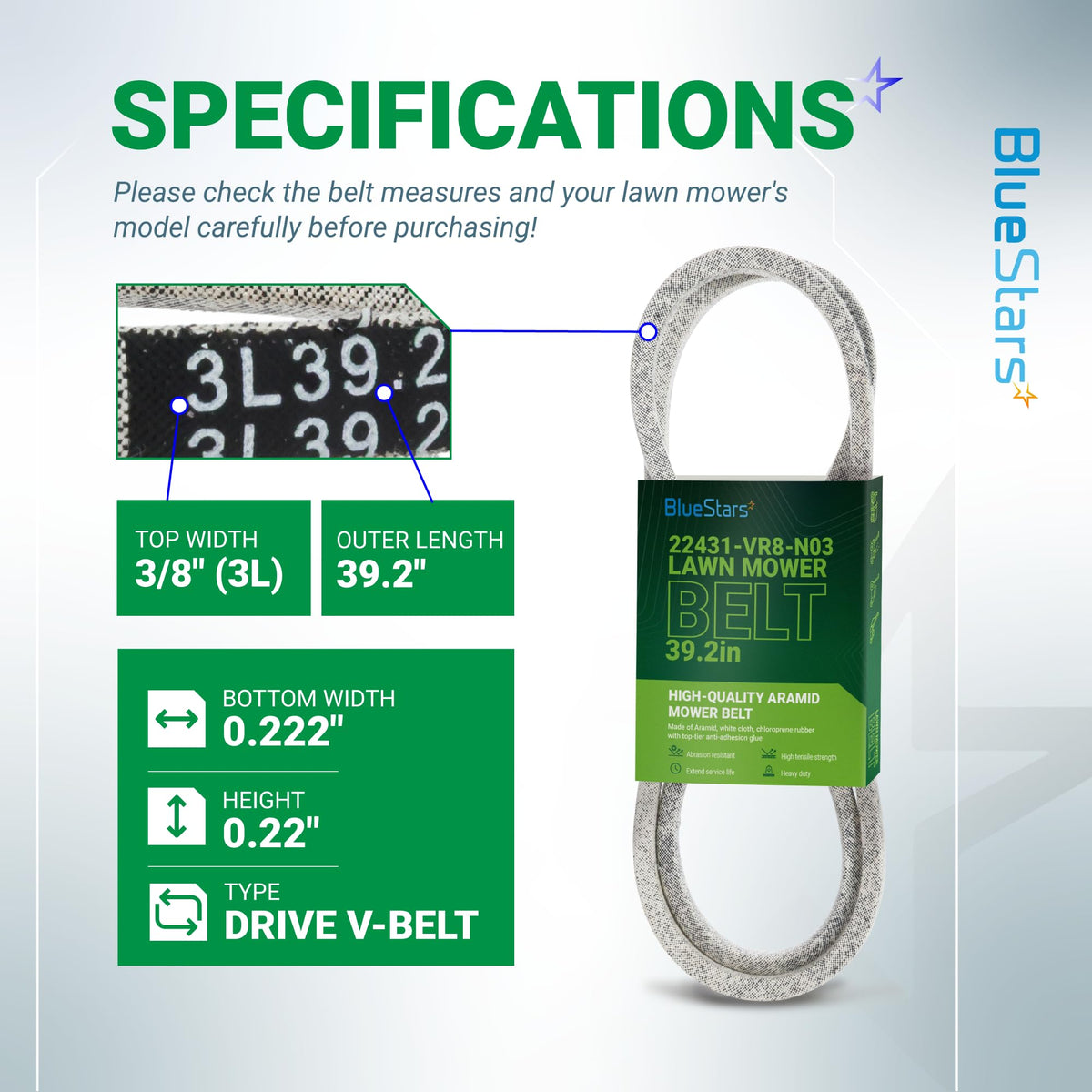 Specification chart for 22431-VR8-N03 drive belt showing dimensions for Honda HRN216 series lawn mowers.
