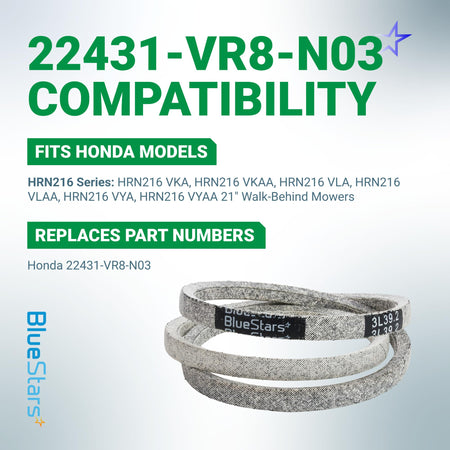 Compatibility chart for 22431-VR8-N03 drive belt for Honda HRN216 series lawn mowers.