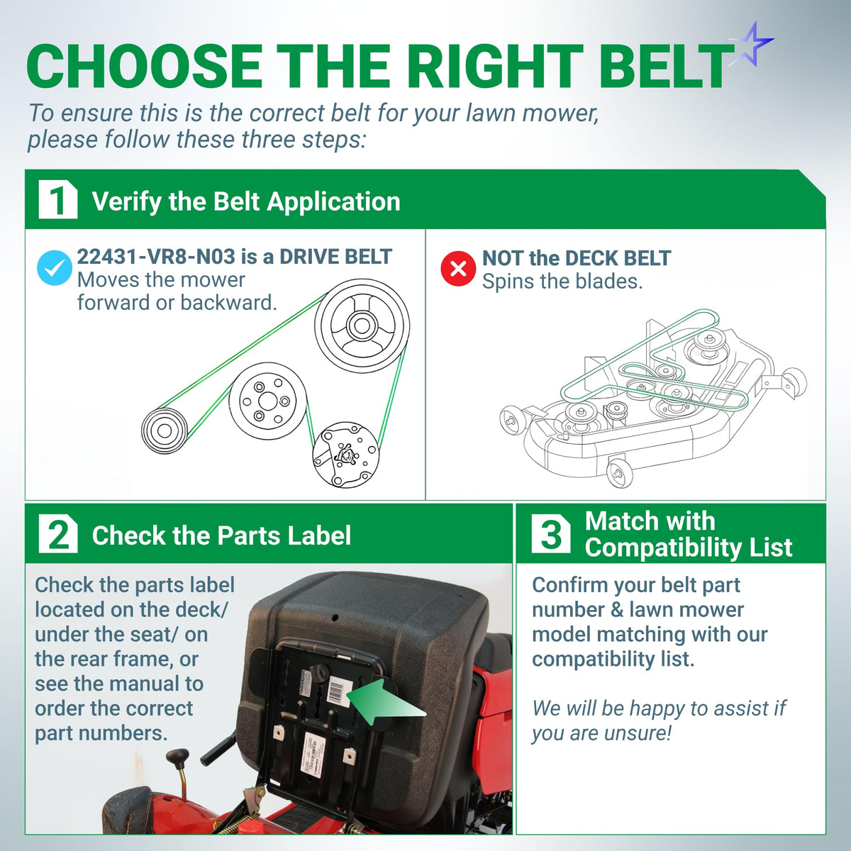 Infographic guide for identifying the correct 22431-VR8-N03 drive belt for Honda HRN216 series lawn mowers.