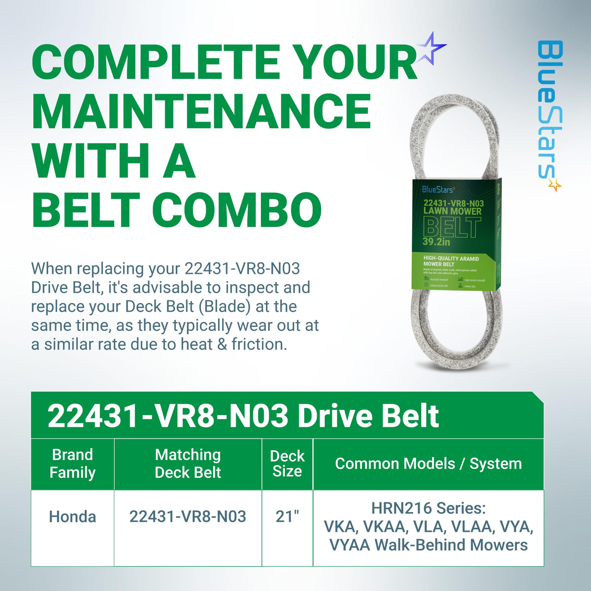 22431-VR8-N03 drive belt for Honda HRN216 series lawn mowers with compatibility chart and maintenance information.