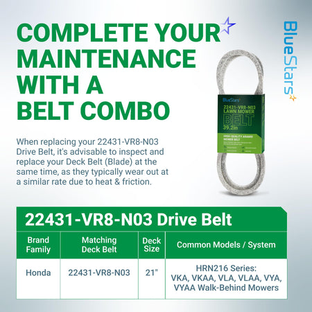 22431-VR8-N03 drive belt for Honda HRN216 series lawn mowers with compatibility chart and maintenance information.