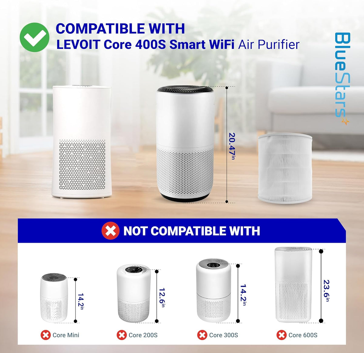 Compatibility chart showing LEVOIT Core 400S air purifier filter fitment versus incompatible models.