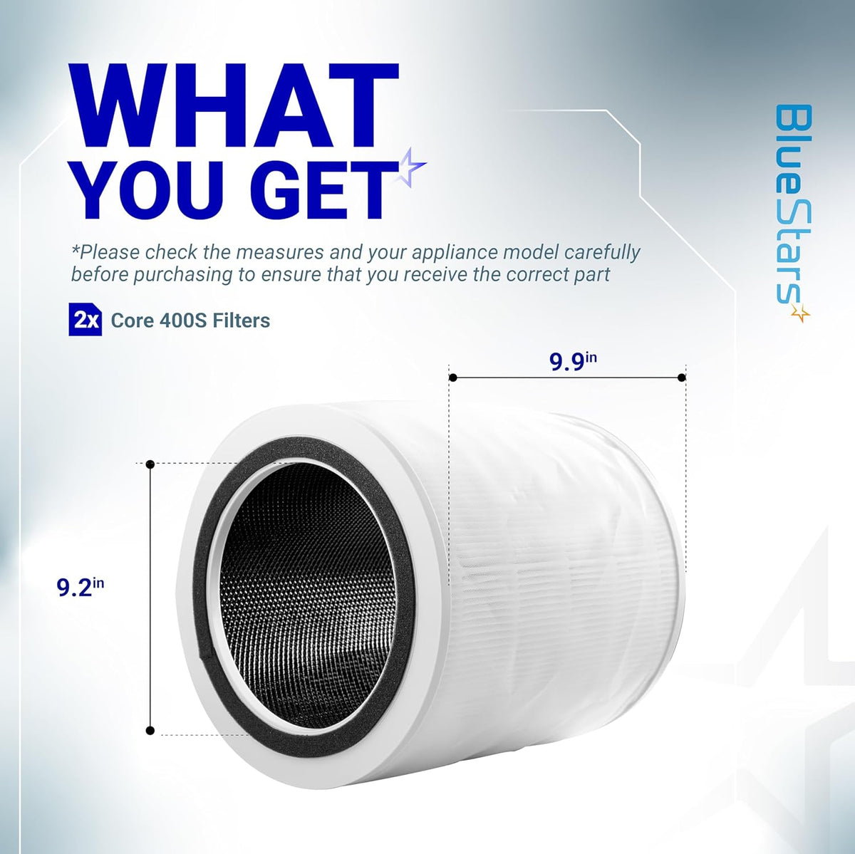 Dimension diagram of Core 400S replacement air purifier filter showing 9.2-inch diameter and 9.9-inch height.