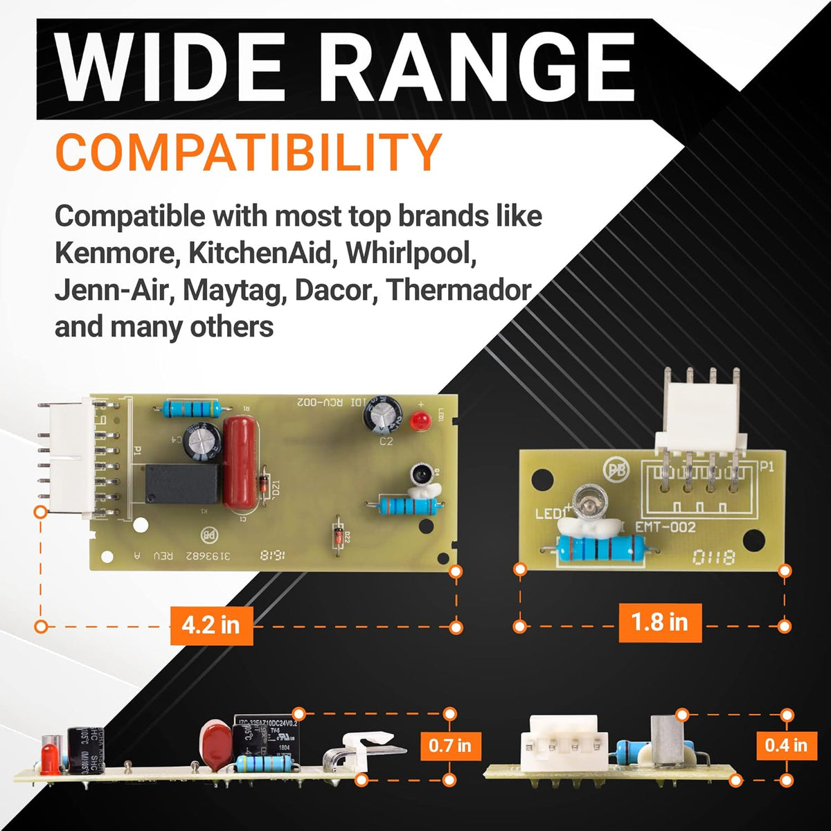 Refrigerator ice maker sensor control board kit showing dimensions and compatibility for Whirlpool and Kenmore appliances