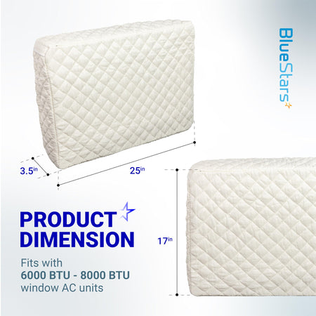 White quilted indoor window air conditioner cover showing product dimensions of 25 x 17 x 3.5 inches.