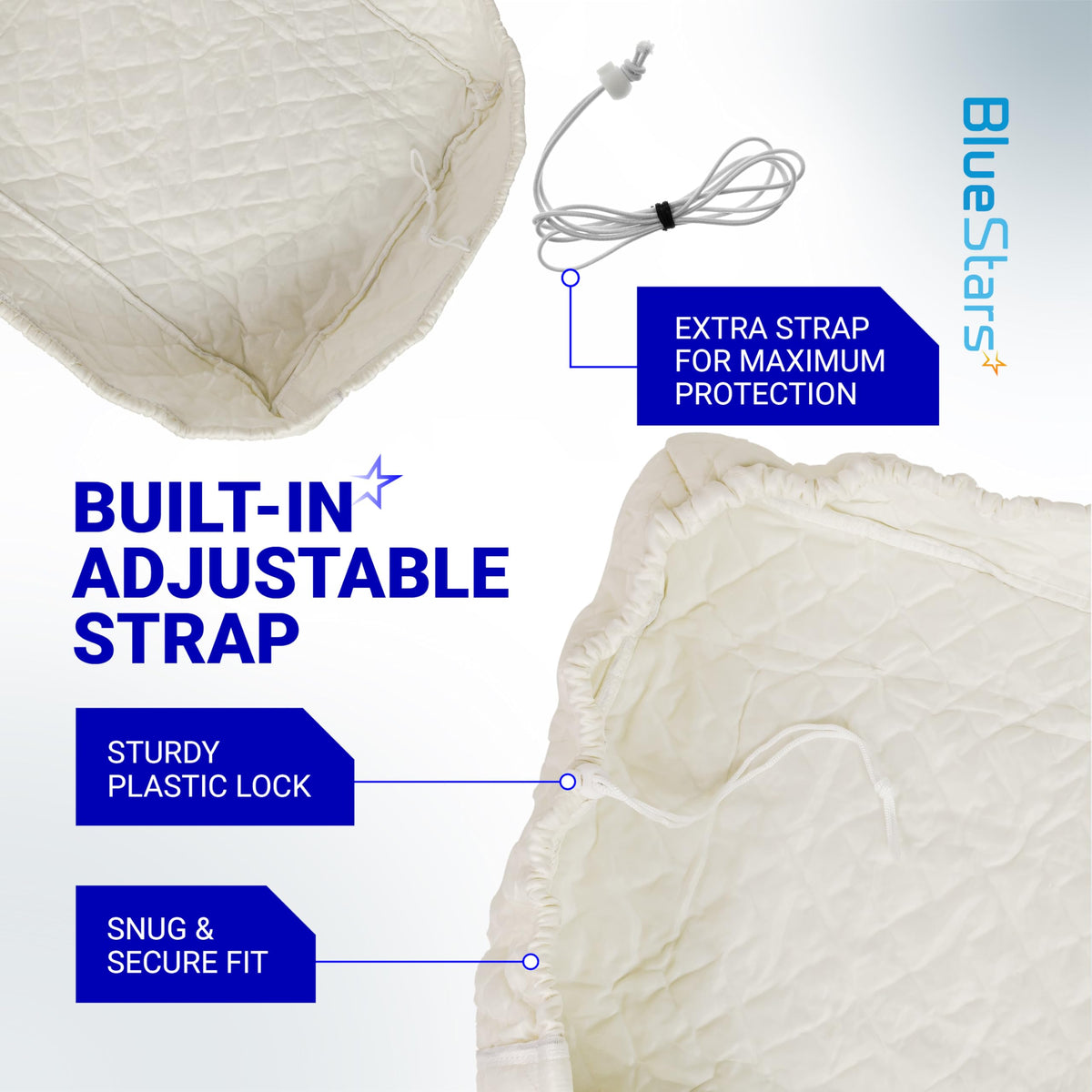 White indoor window AC cover showing adjustable strap, plastic lock, and extra strap for a secure fit.