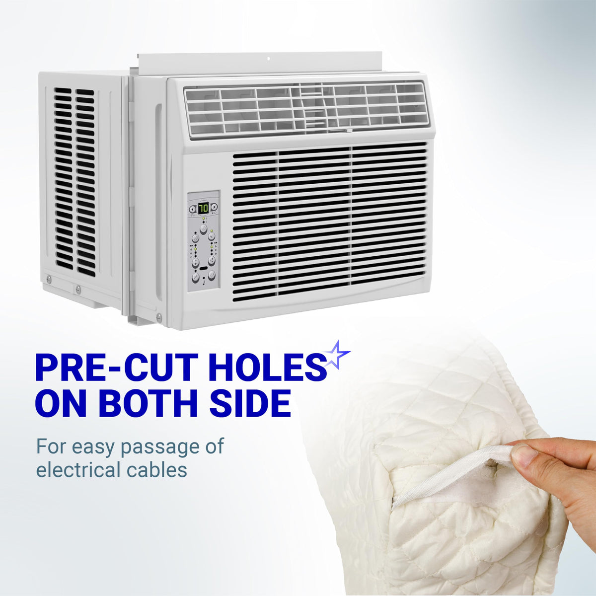 White indoor window AC cover showing pre-cut side holes for electrical cables with Velcro closure.